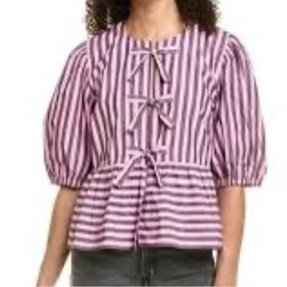 Ganni Pink Striped Blouse with Puff Sleeves